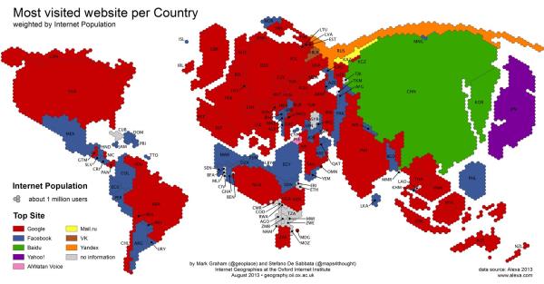 Mapa mostra qual o site mais acessado em cada país