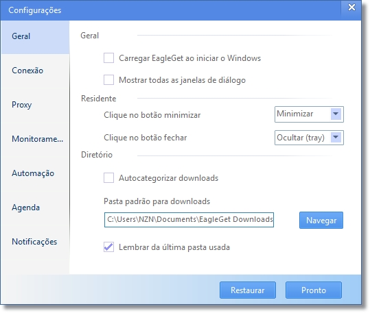 Janela de configurações Janela de configurações