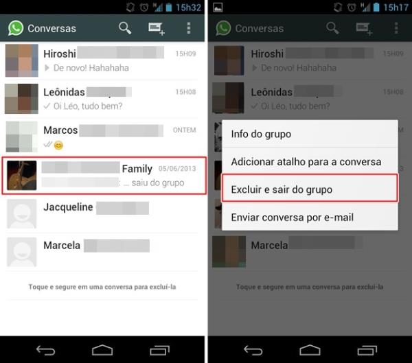 Removendo uma conversa em grupo e saindo dele