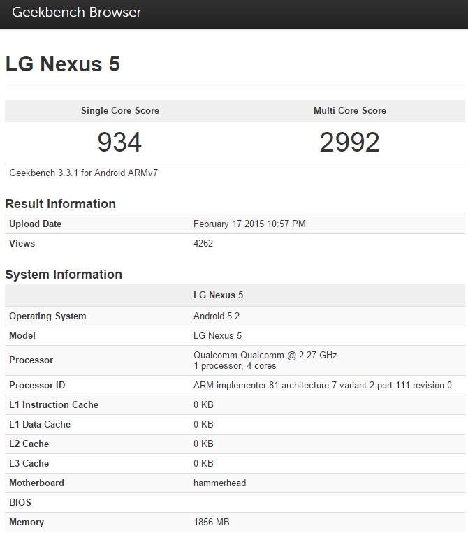 Android 5.2 flagrado em um teste de benchmark em um nexus 5 Android 5.2 flagrado em um teste de benchmark em um nexus 5