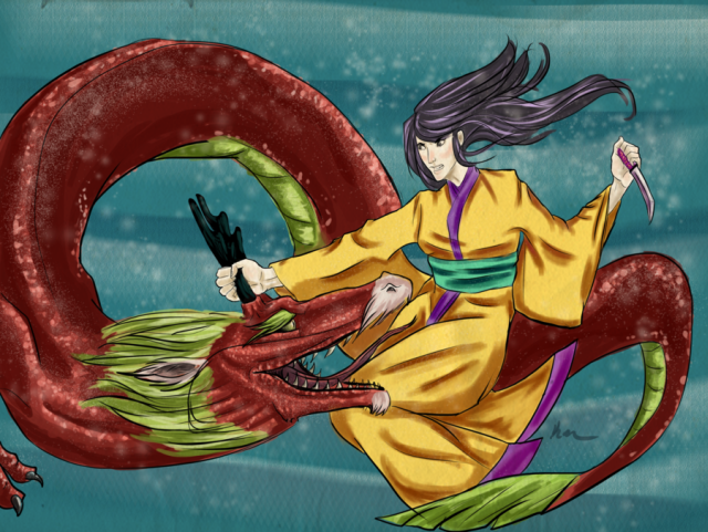 Na lenda japonesa, Tokoyo matou o dragão Yofune-nushi com um punhal no coração Na lenda japonesa, Tokoyo matou o dragão Yofune-nushi com um punhal no coração