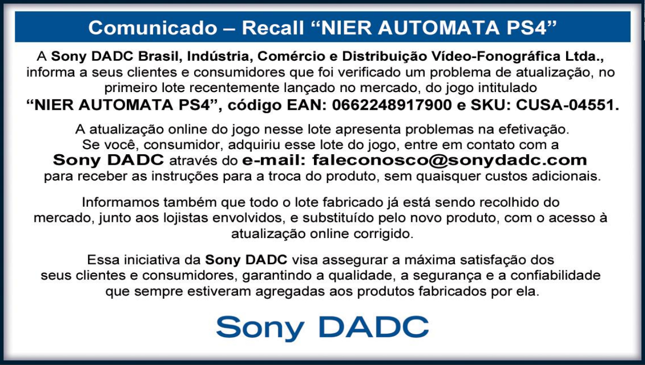 Cópias físicas de NieR: Automata vão ter recall no Brasil Cópias físicas de NieR: Automata vão ter recall no Brasil