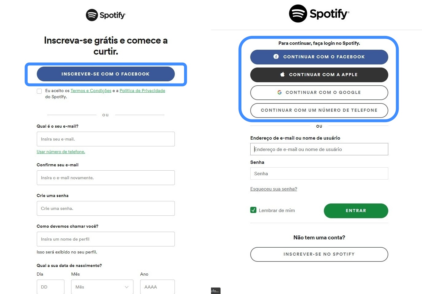 À esquerda, a tela de cadastro para novos usuários; à direita, a tela de login para usuários já cadastrados.