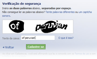 Digite as palavras de segurança
