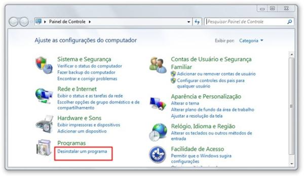 Abrindo a central de desinstalação