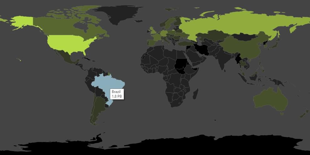 Mapa que mostra o tráfego de dados do Steam por país