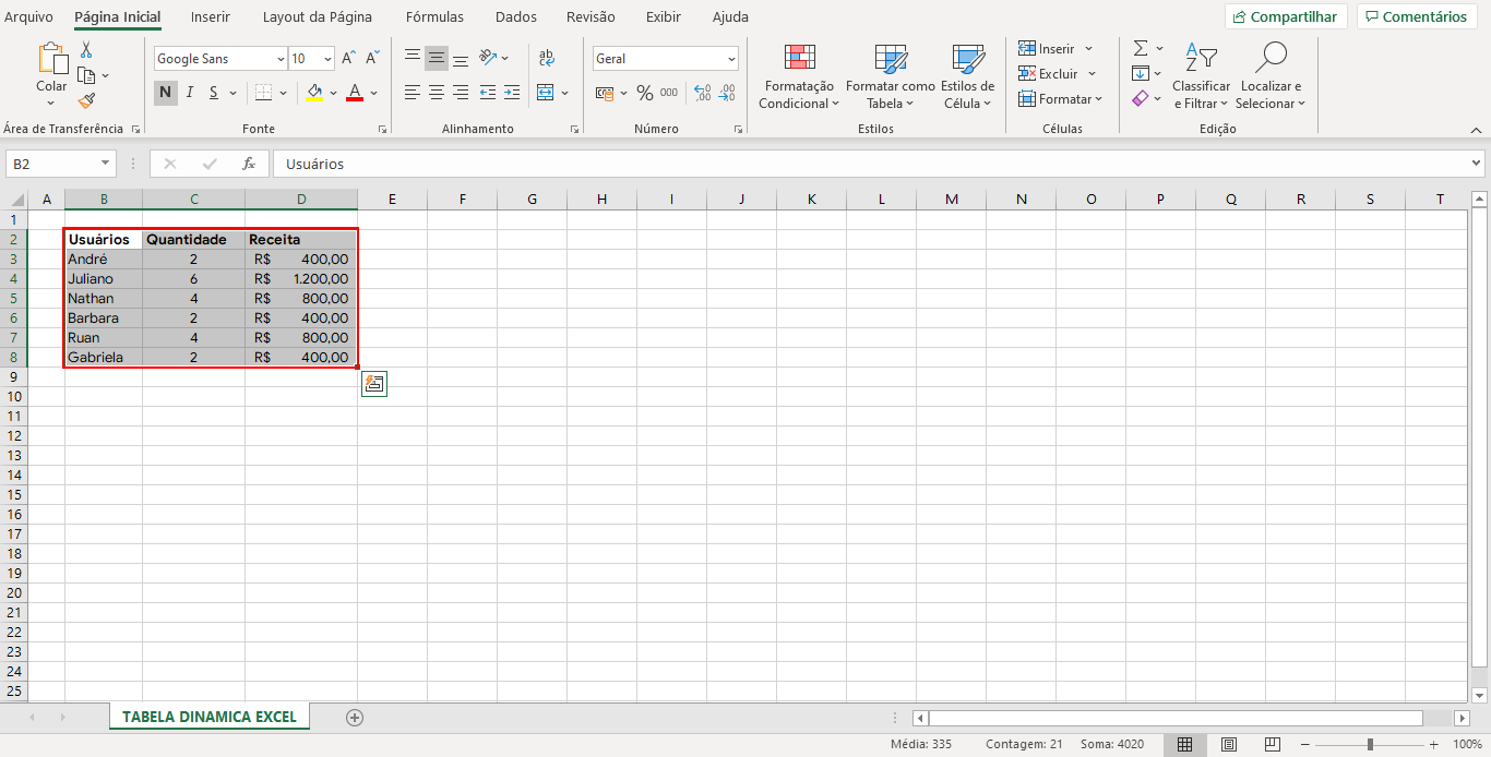 Excel com dados em forma de tabela selecionados