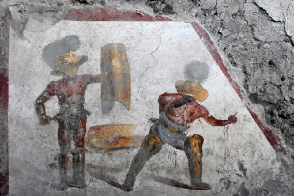 Cena de batalha sangrenta entre gladiadores foi achada em Pompeia