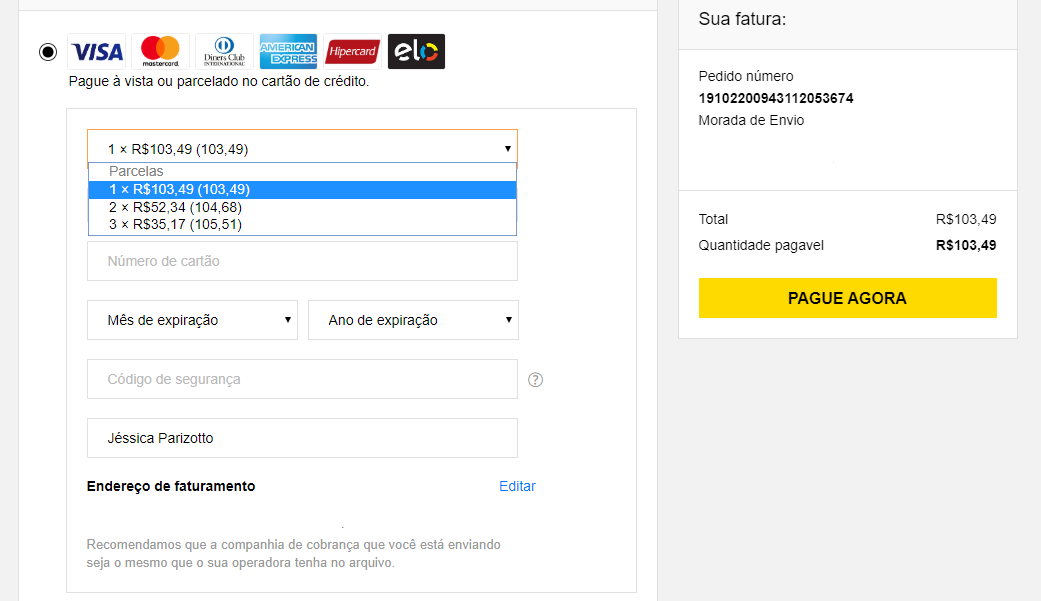 pagamento no cartão