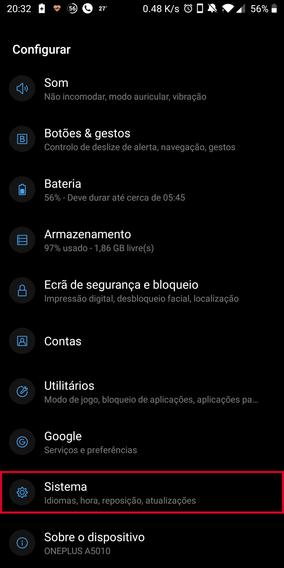tela de configurações do android 9