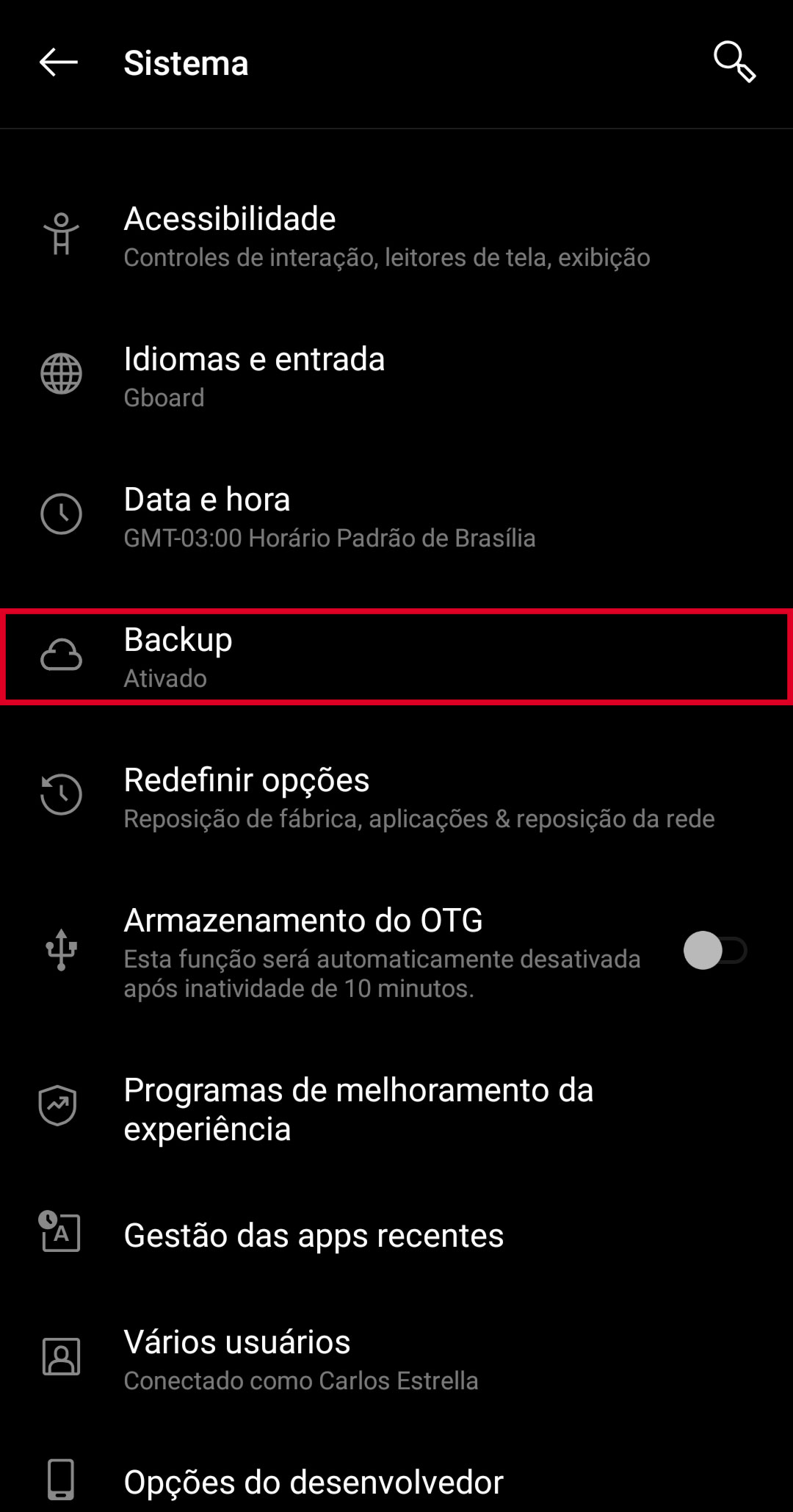 tela de backup do android 9