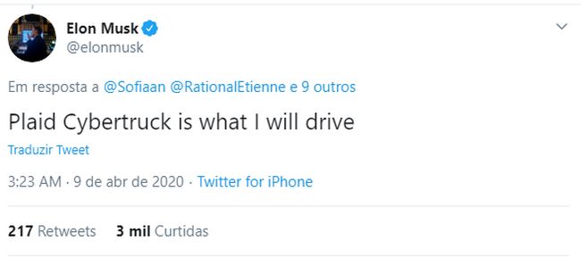 "Cybertruck Plaid é a que vou dirigir", disse Musk.