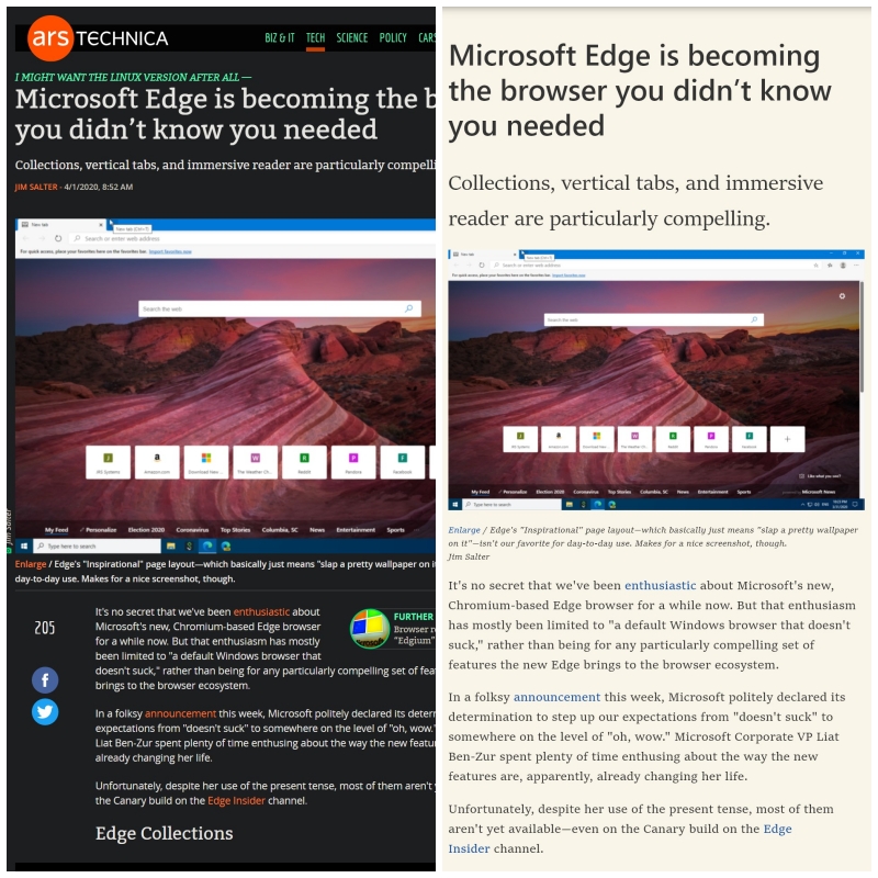 Modo de leitura avançada ativado (à direita). (Fonte: Arstechnica/Reprodução)
