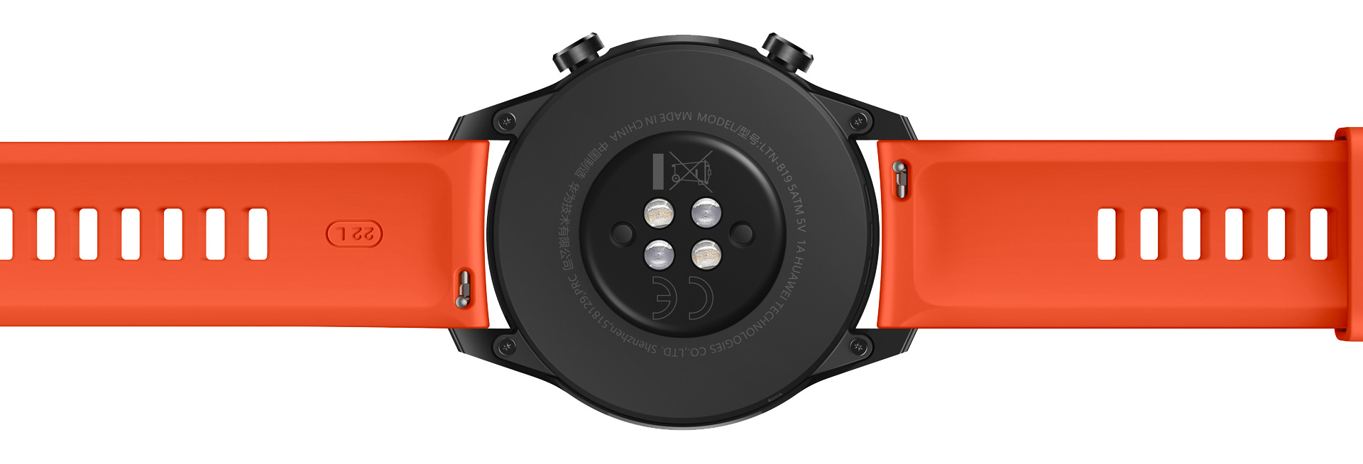 Traseira do Huawei Watch GT2 mostra sensores e pinos de carregamento.