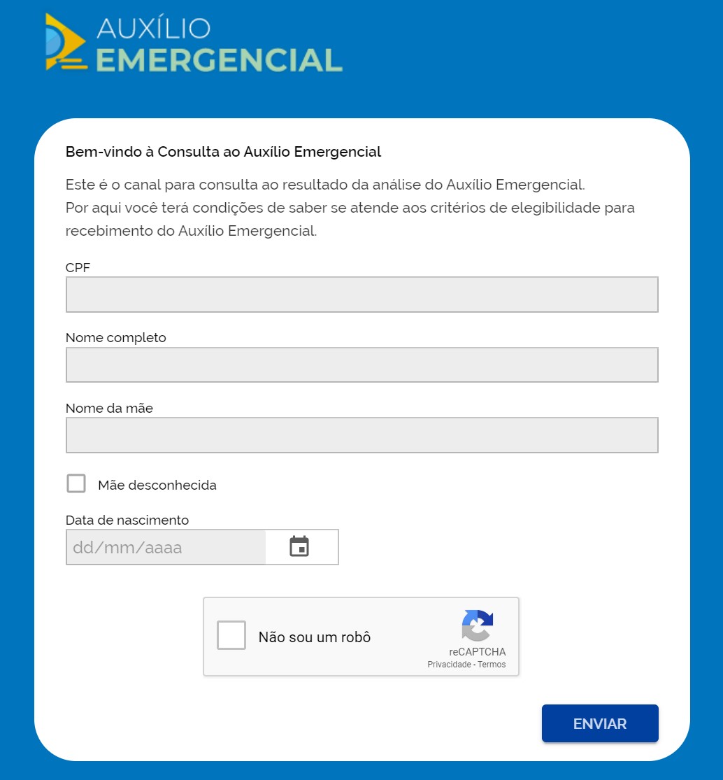 O novo site do auxílio dispensa o código de SMS. (Fonte: Consulta Auxílio/Reprodução)