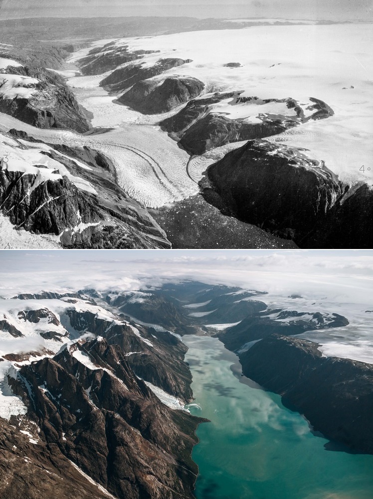 A geleira de Sukkertoppen, na Groenlândia, em 1935 (acima) e 2013 (abaixo).