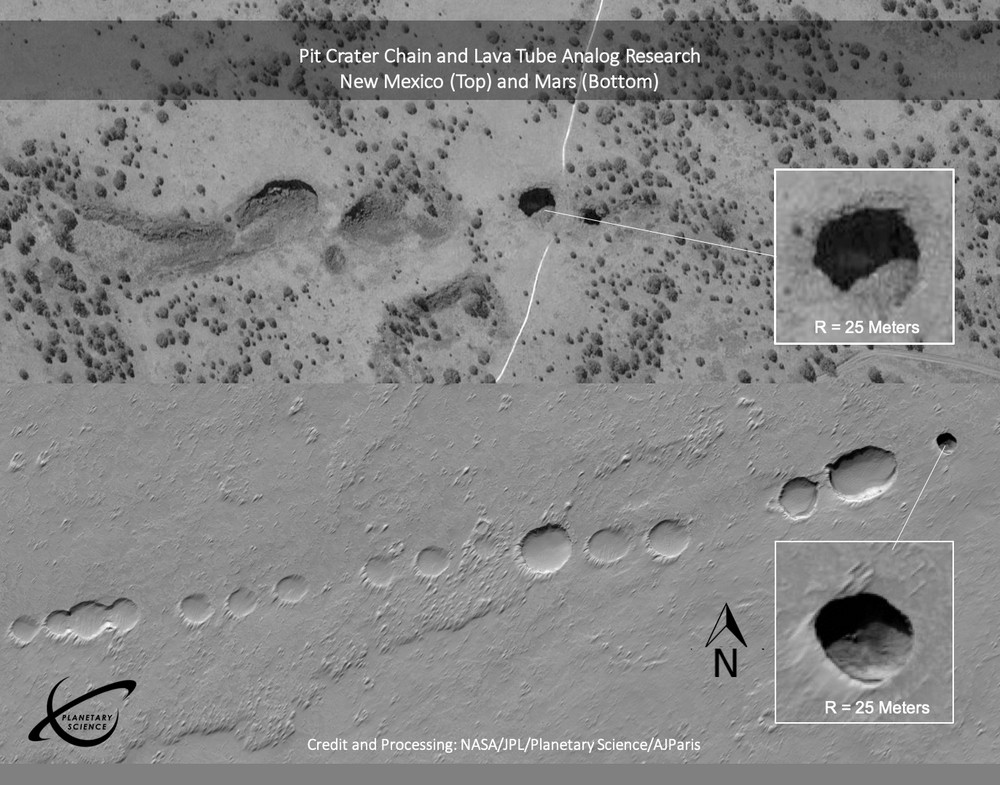 Tubos de lava na Terra (na foto, acima) e em Marte (embaixo).