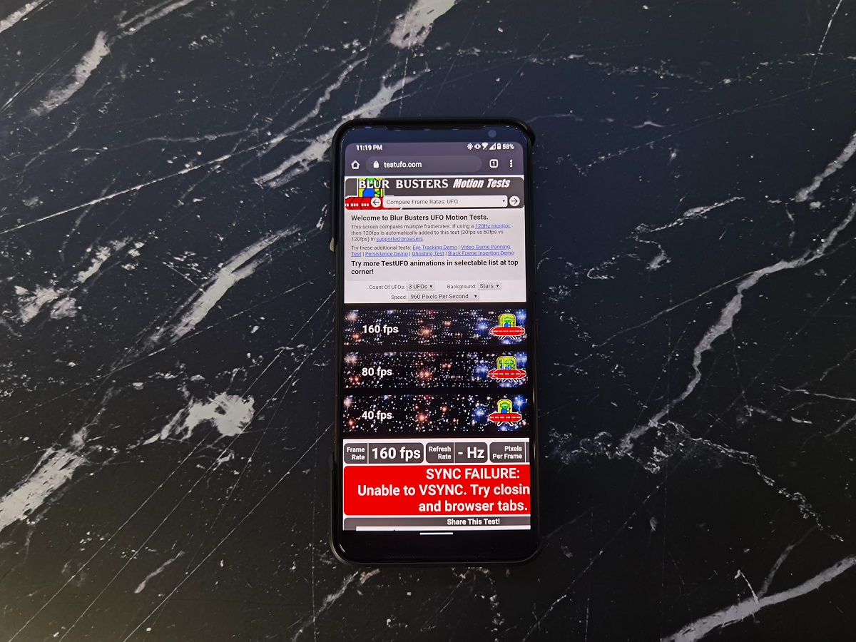 Taxa de 160Hz sendo testada na tela de um Asus ROG Phone 3.