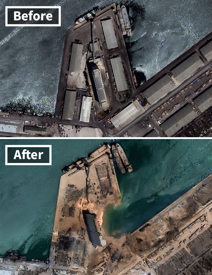 Porto de Beirute: na segunda foto o Armazém 12 desapareceu. (Fonte: European Space Imaging/Reprodução)