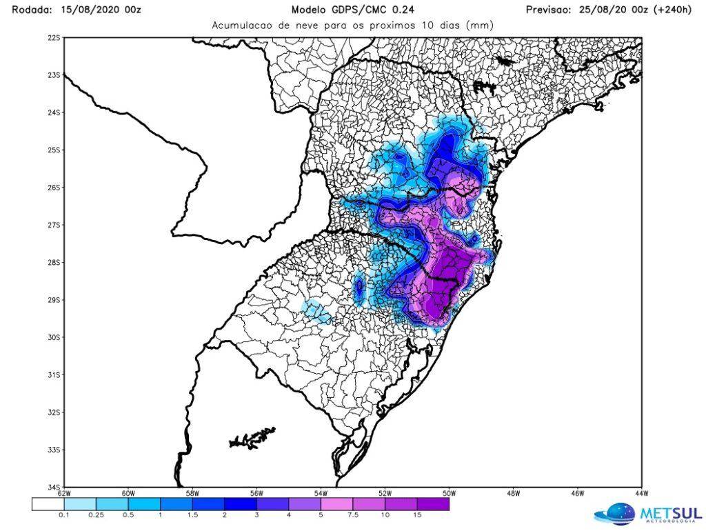 Projeção que indica neve até o sul de São Paulo (Fonte: MetSul/Divulgação)