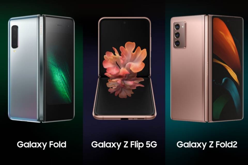 Infográfico da Samsung compara aparelhos dobráveis da linha Galaxy.