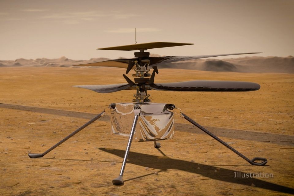O Ingenuity Mars Helicopter da NASA na superfície do Planeta Vermelho.