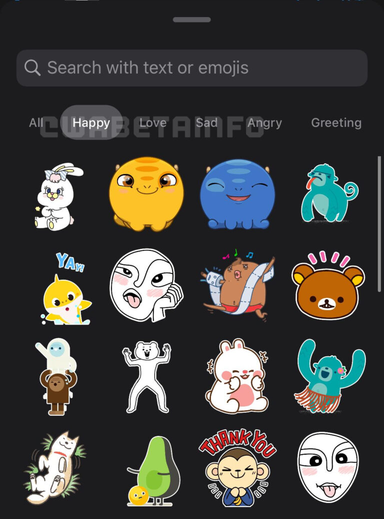Nova interface da aba 'Figurinhas', no Whatsapp para iOS. (Fonte: WABetaInfo/Reprodução)