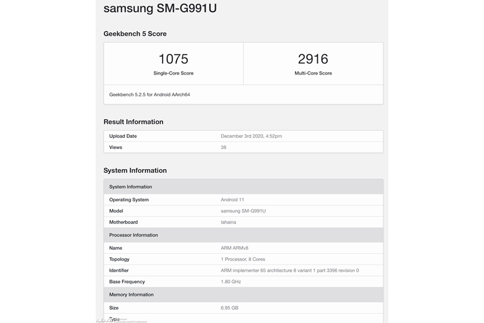 Suposto benchmark com o Galaxy S21