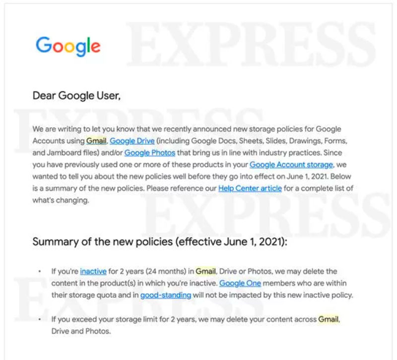 E-mail enviado pela Google