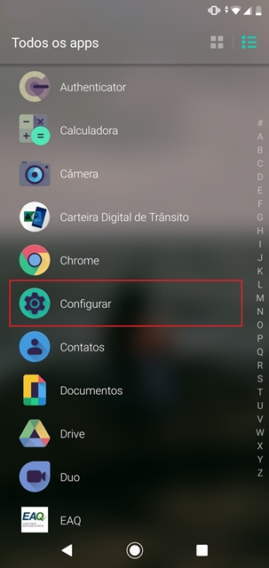 Acesso configurações Android.