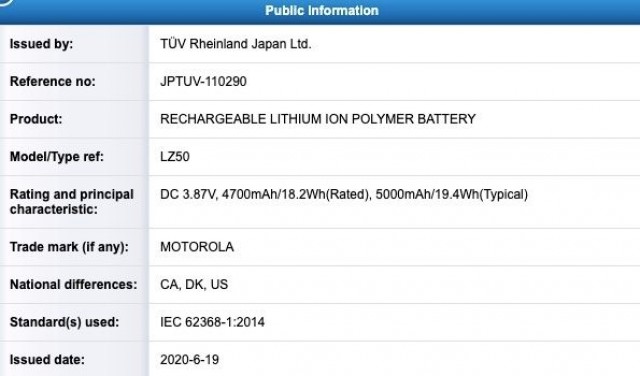 Certificado do modelo XT2125-4 no TÜV Rheiland.