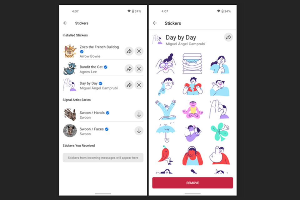 Pacotes de figurinhas animadas do Signal. (Fonte: Signal via Android Police / Reprodução)