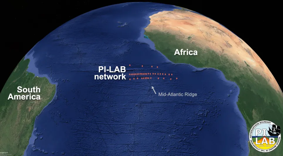 Localização dos sismógrafos no Oceano Atlântico. (Fonte: PI-LAB, Gizmodo / Reprodução)