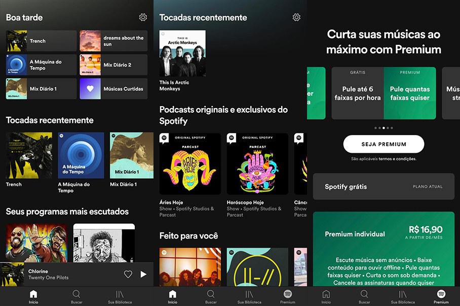 Interface do Spotify para celulares e suas diferenças para contas Gratuitas e Premium. (Fonte: Spotify, Adriano Camacho)