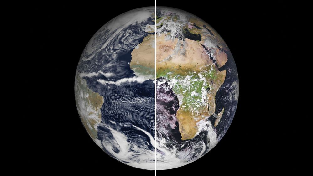 On the left, the Earth from space and on the right, the digital planet.