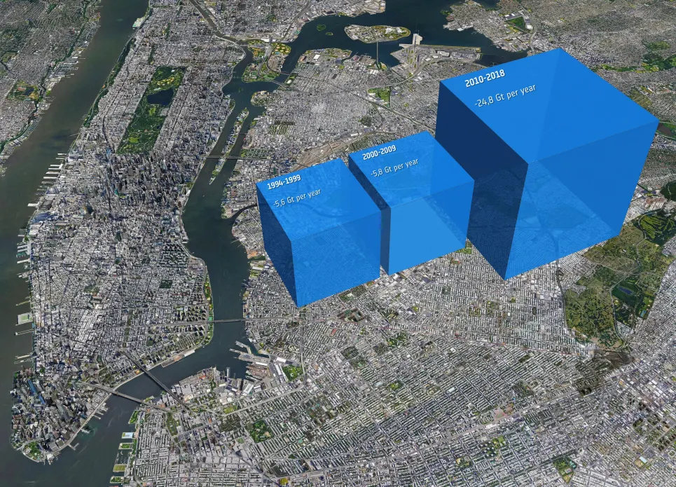 Cubes positioned over Manhattan represent the ice lost over time in the Getz region.