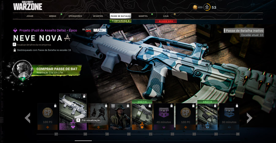 Passe de batalha e blueprint de arma em Call of Duty Warzone.