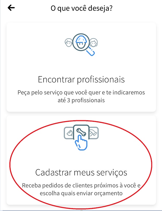 Escolha a opção Cadastrar meus Serviços para procurar pedidos de clientes
