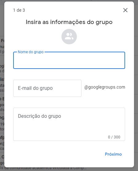 A primeira tela de criação de grupo.