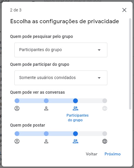 A tela de configurações de privacidade.