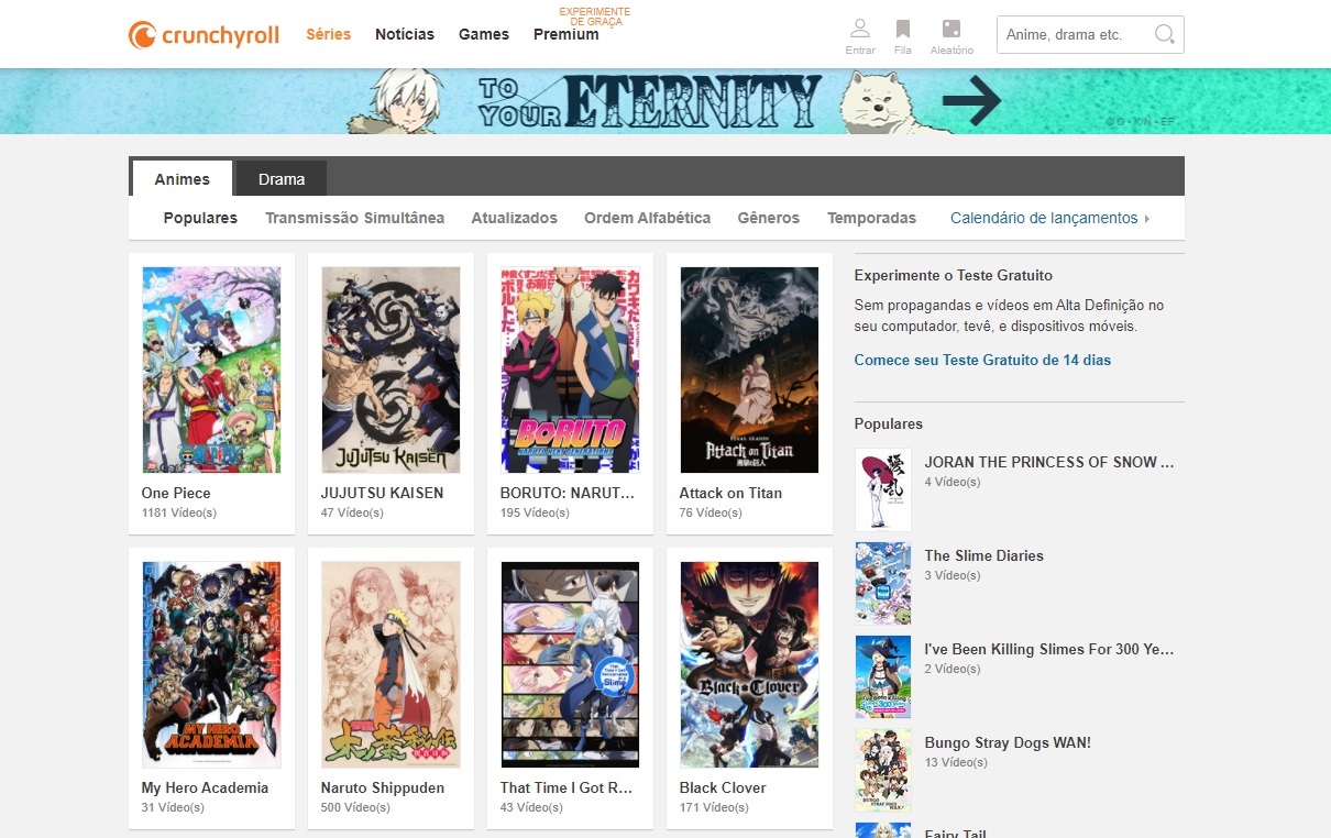 The Crunchyroll home page.