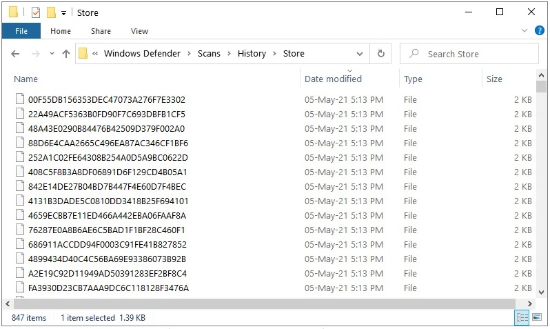 A pasta do Windows Defender cheia de novos arquivos.