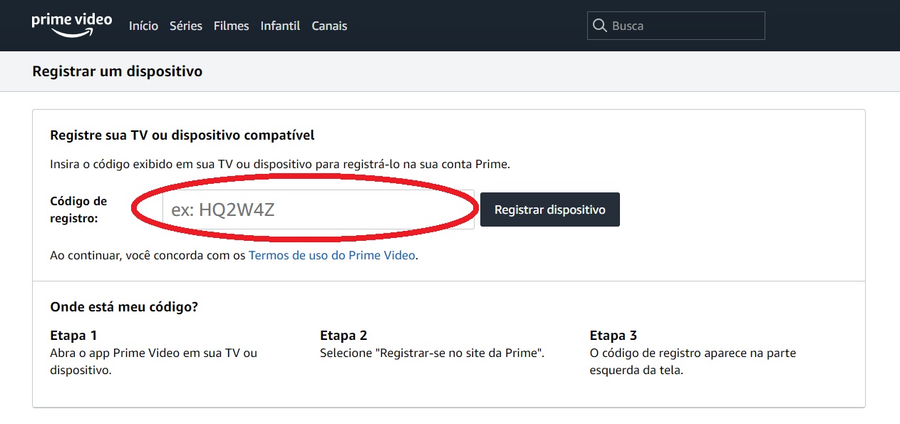Digite o mesmo código que aparece na tela da sua TV dentro da caixa de texto sinalizada na imagem