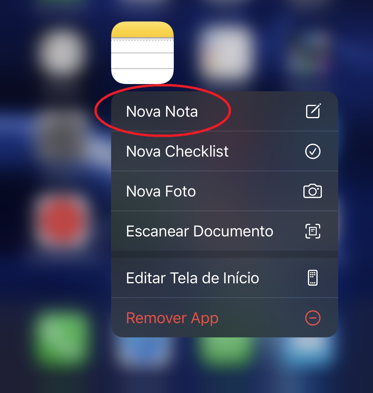 Pressione o aplicativo Notas e vá na opção "Nova Nota" para criar uma nova anotação