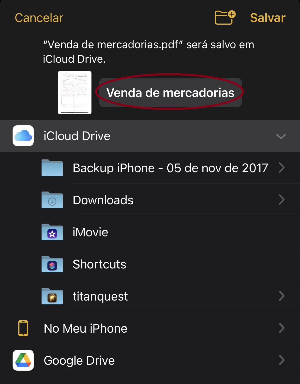 Você pode renomear o seu documento antes de salva-lo nos Arquivos do iPhone