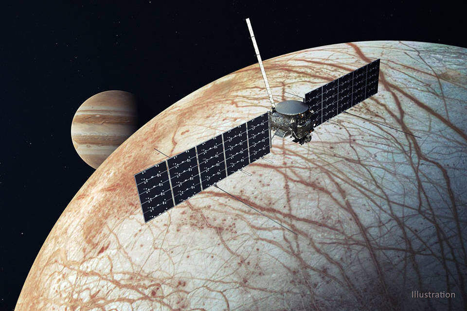 Ilustração da lua Europa, que pode ter atividade vulcânica em seu interior.