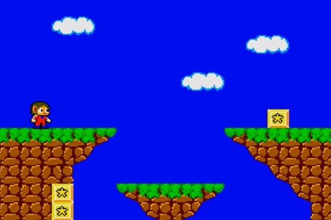 The same screen seen in the original game.  Note the low resolution, lack of NPC and lack of visual cues about Alex Kidd's items and lives