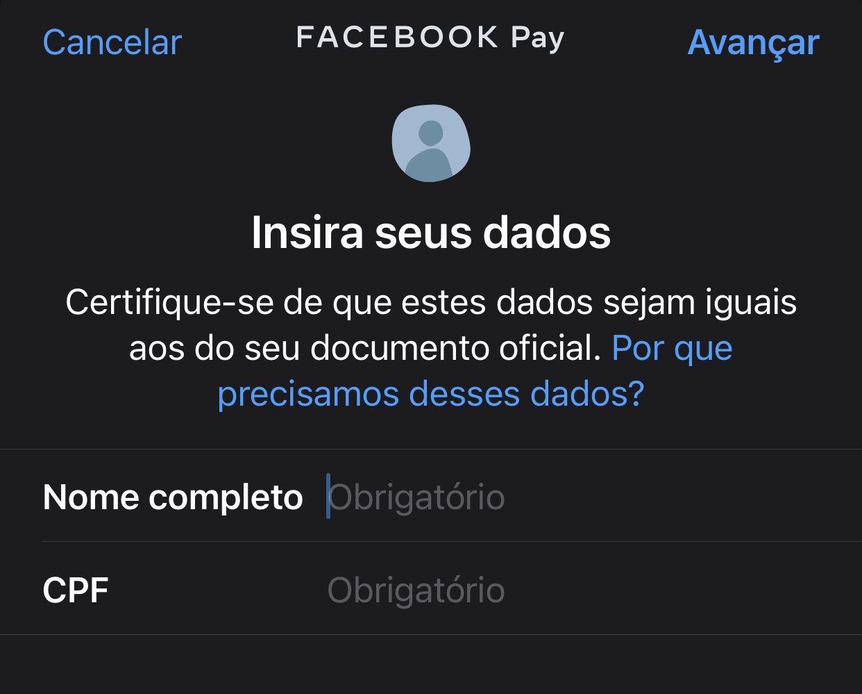 Insira seus dados para continuar o cadastro