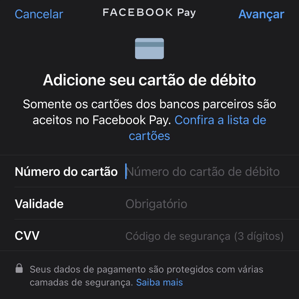 Insira os dados do seu cartão de crédito que será utilizado no serviço