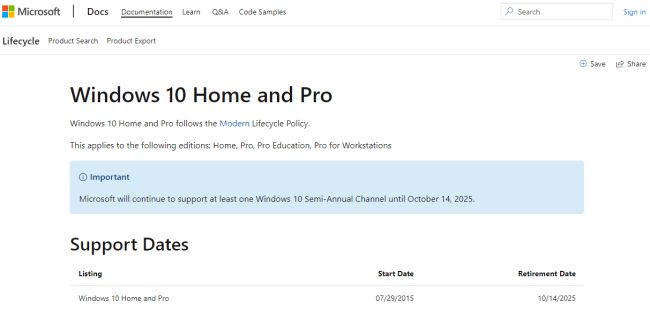 Atualização no site da Microsoft mostra data do fim do suporte ao Windows 10.